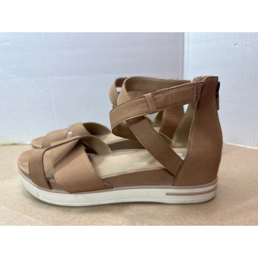 Eileen Fisher Tan Leather Crisscross Wedge Sandals Womens 10 Gladiator Platform